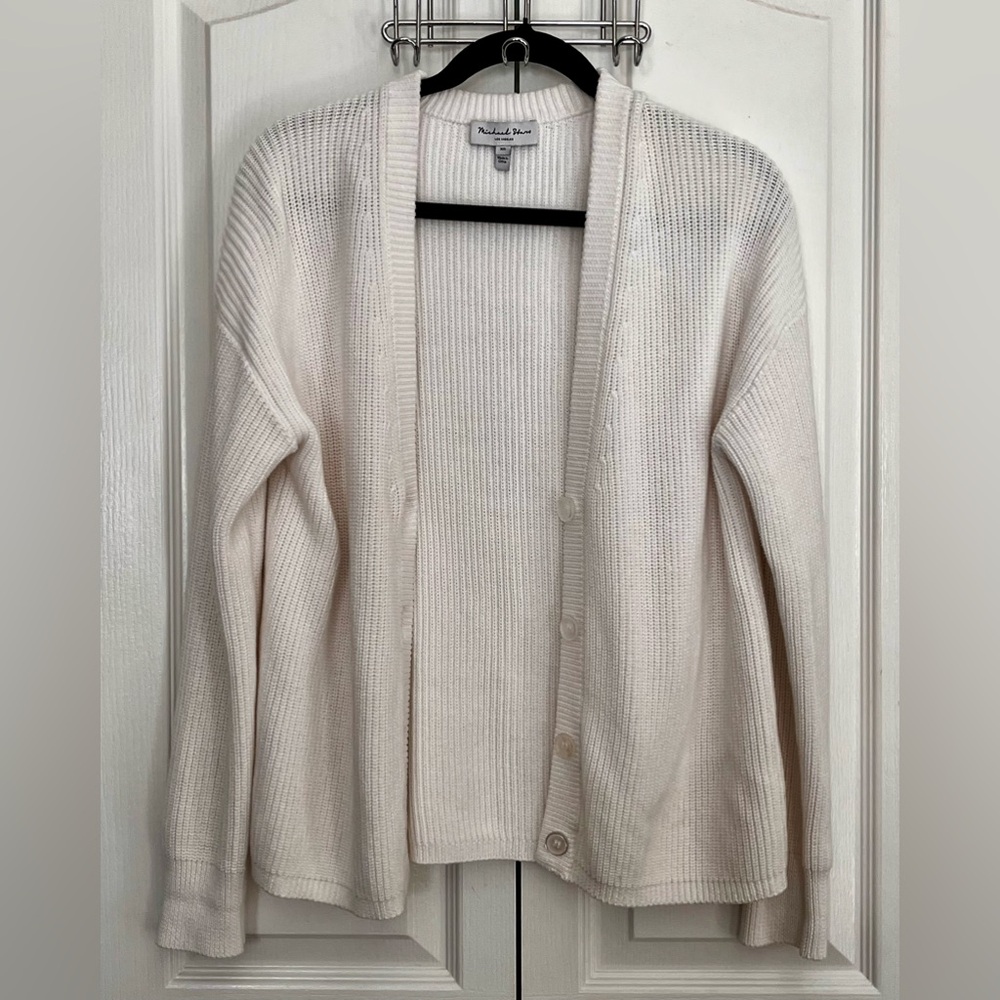 Michael Stars Cream Ribbed Button-Front Cardigan